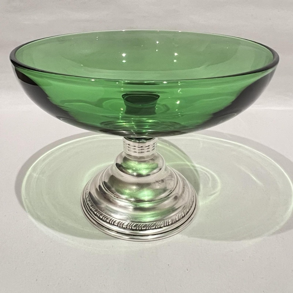 Antique British Solid Sterling Silver Pedestal Compote w/ Green Glass c1890–1910
